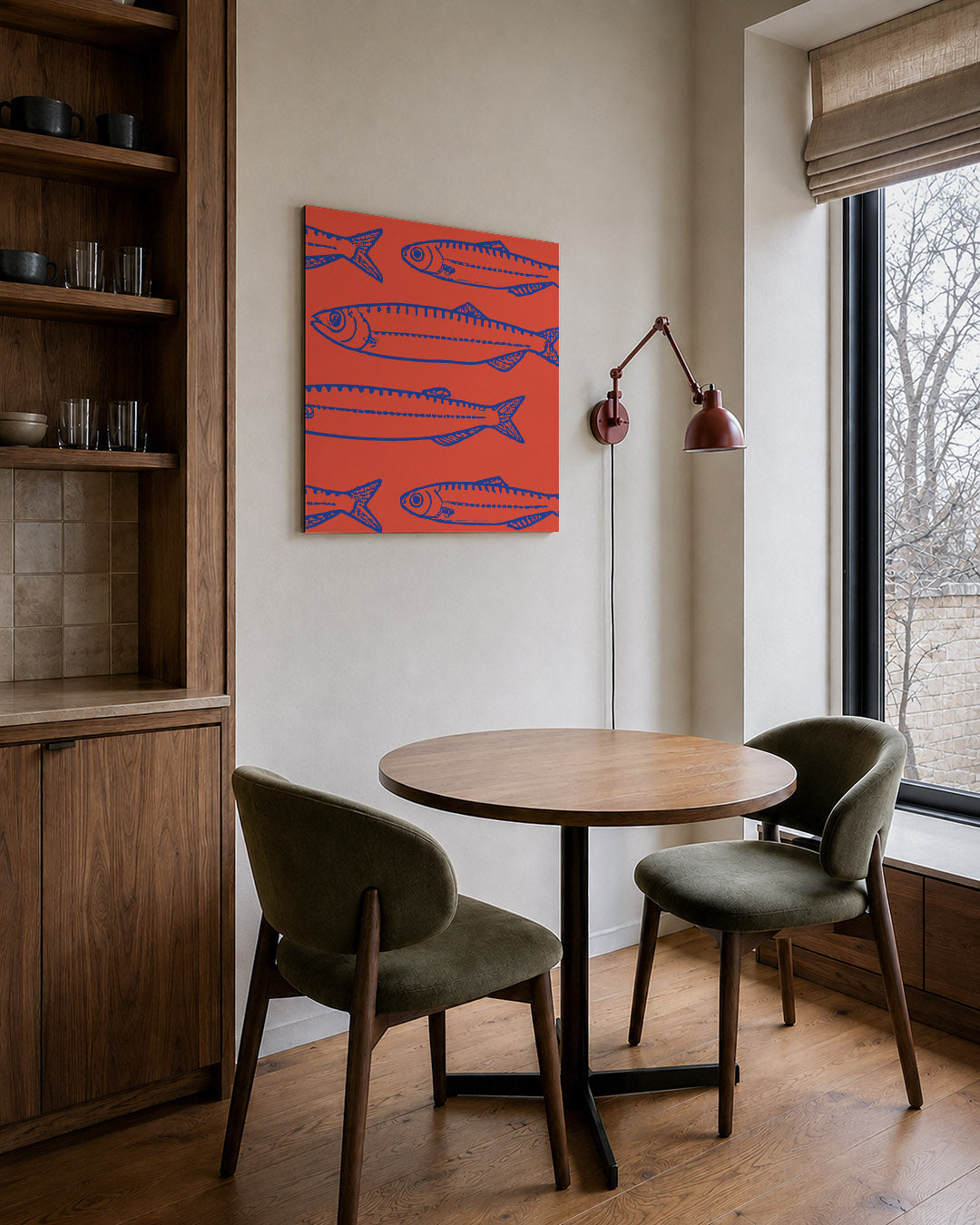 Vissenpatroon kunstwerk – derde productweergave – dit werk toont een herhalend patroon van vissen in blauw op een oranje