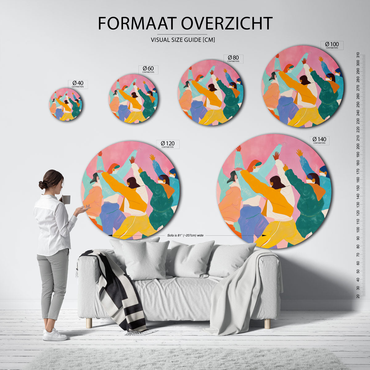 Dansende figuren – ronde muurdecoratie met kleur en vorm