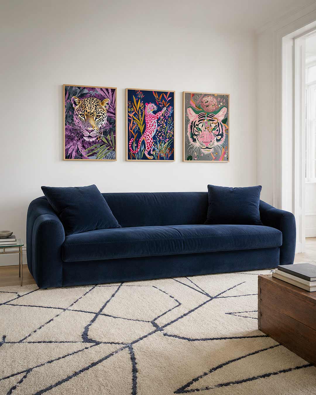 Jungle kleurenpracht driedelige posterset – een levendige compositie van een luipaard omringd door