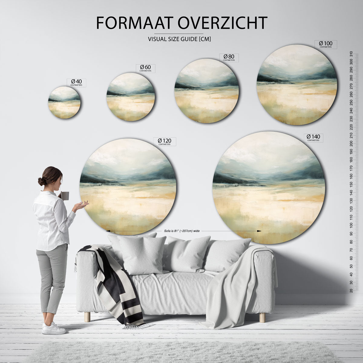 Landschap in beige en blauw – abstracte wandkunst als muurcirkel van WallArtistic