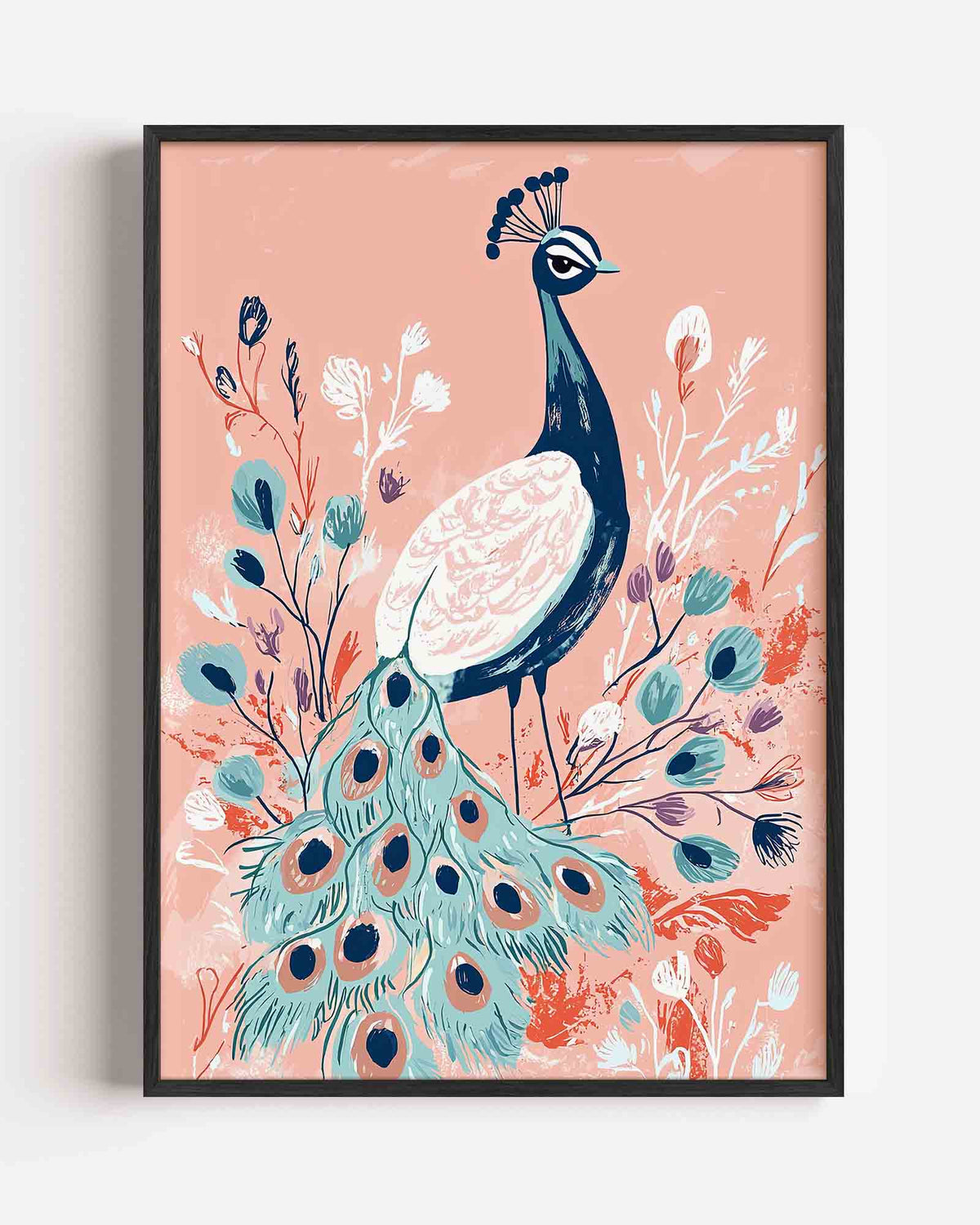 Pauw met bloemen – dieren portret poster als wanddecoratie