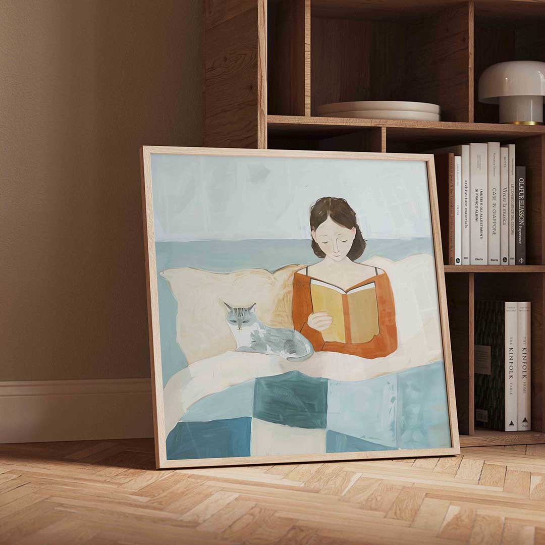 Lezende vrouw met kat – moderne wandkunst als vierkante poster