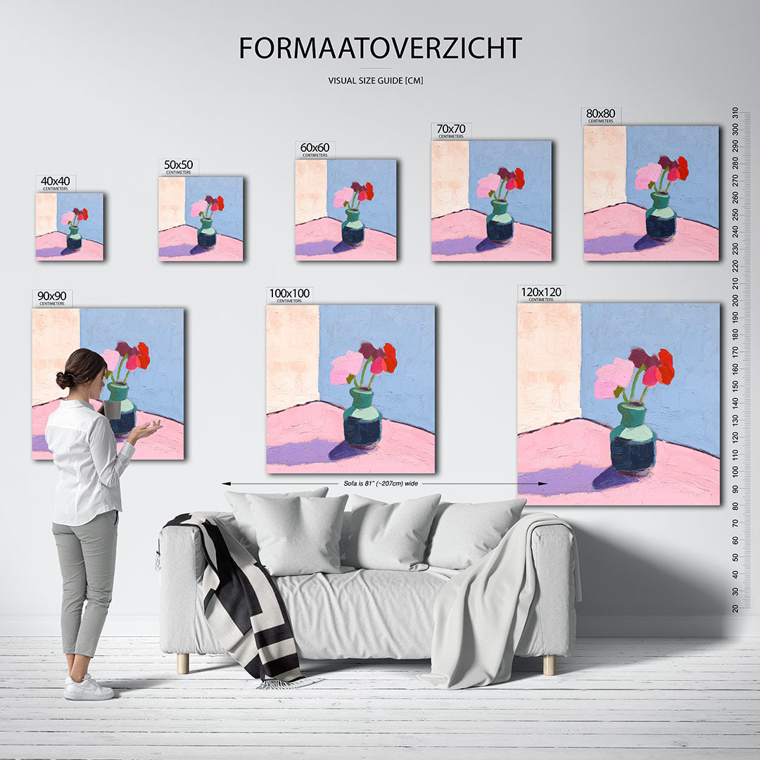 Vaas met bloemen kunstwerk – dit werk toont een vaas met kleurrijke bloemen tegen een eenvoudige achtergrond. De levendige