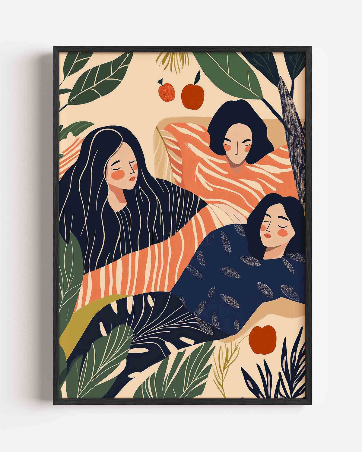 Drie figuren met bladeren – moderne portret poster als wanddecoratie