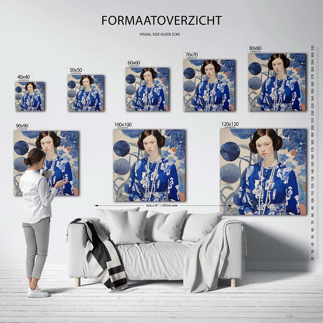 Vrouwelijk portret met bloemen kunstwerk – sfeerbeeld – dit werk toont een vrouw in een blauwe jurk met witte patronen