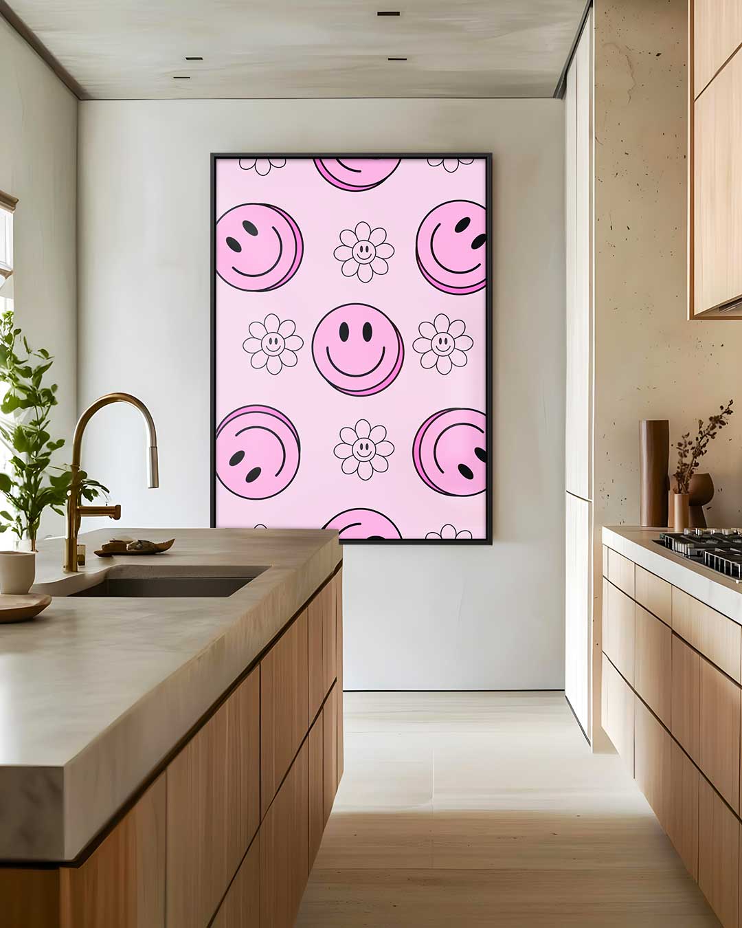 Vrolijke Smiley Bloemen Print – dibond wanddecoratie in staand formaat