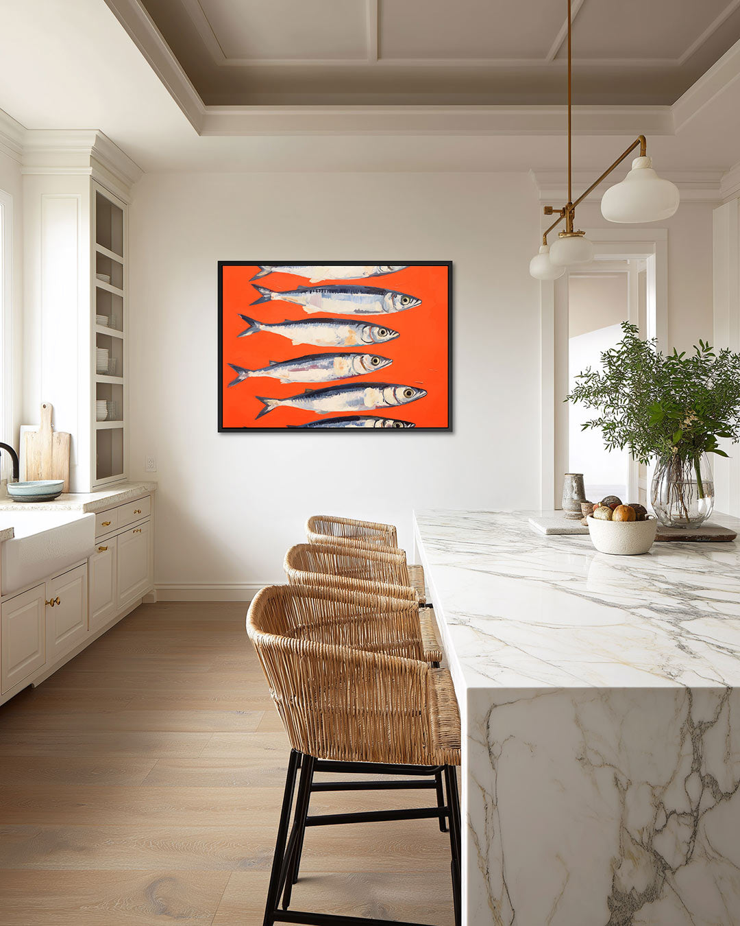 Vissen op fel oranje – liggende wanddecoratie
