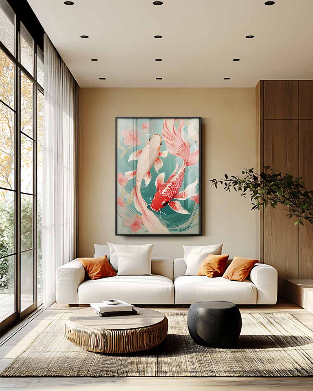 Elegant Koi Vissen Kunstwerk – staande wandkunst voor woonkamer of interieur