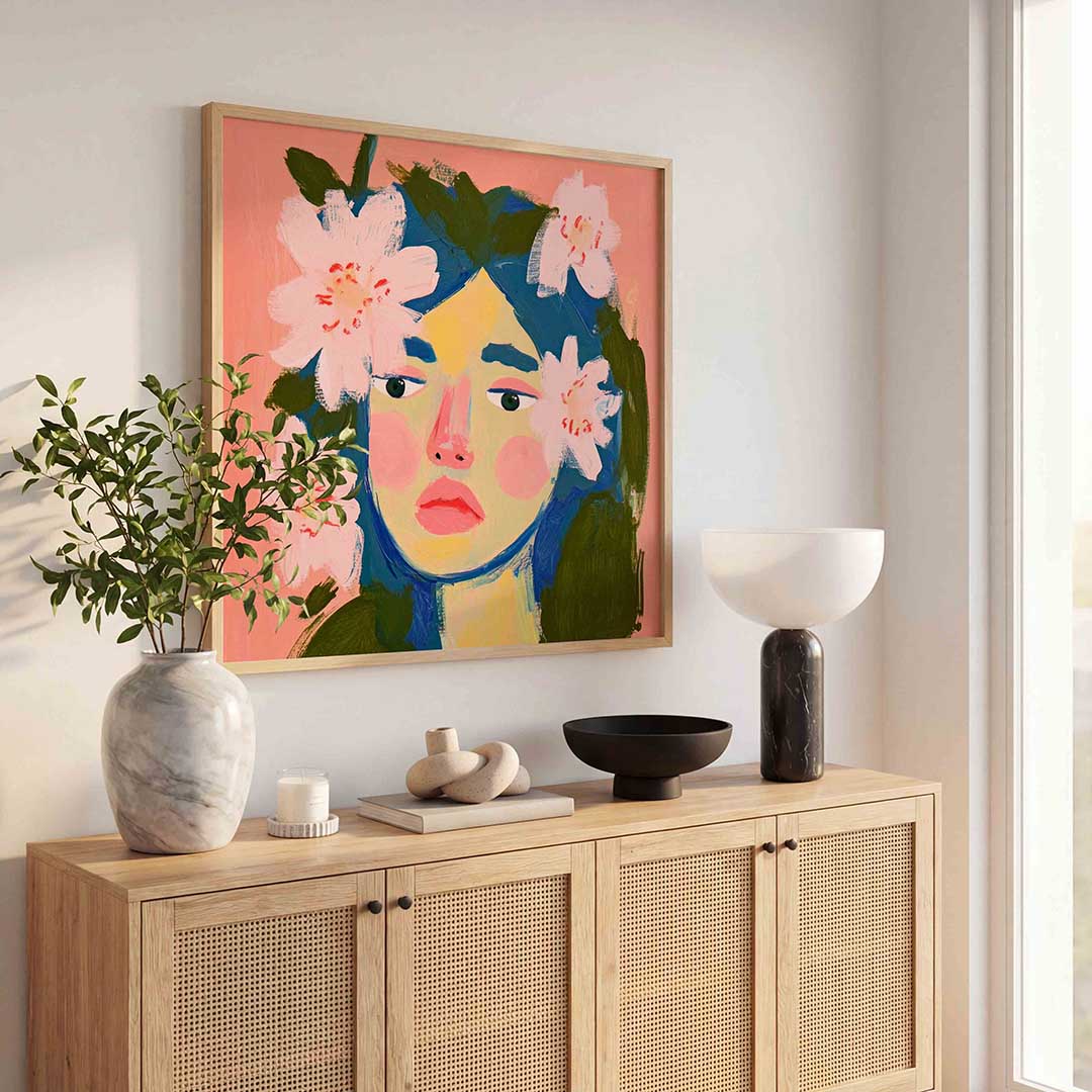 Bloemen en gezicht – illustratie poster in vierkant formaat
