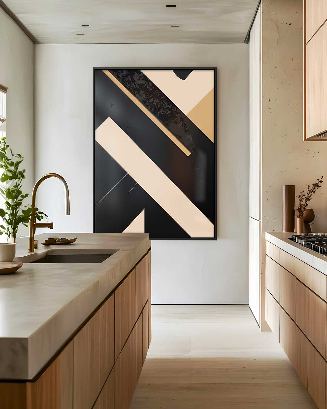 Abstracte Beige Lijnen op Zwart – dibond wanddecoratie in staand formaat