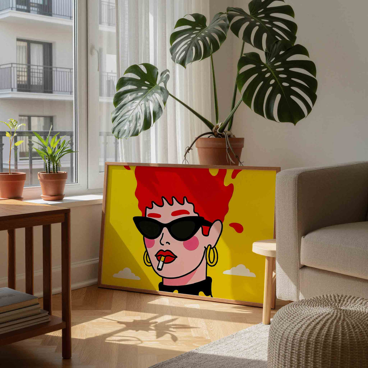 Vrouw met zonnebril – moderne wandkunst als landscape poster