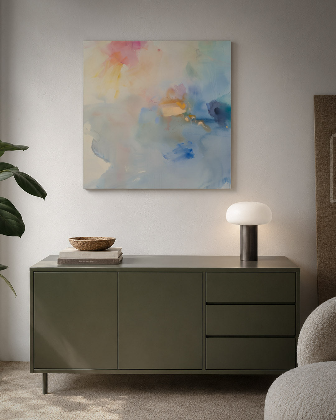 Dromerige kleurencompositie kunstwerk – detailweergave – dit werk toont een vloeiende mix van zachte kleuren en vormen, met
