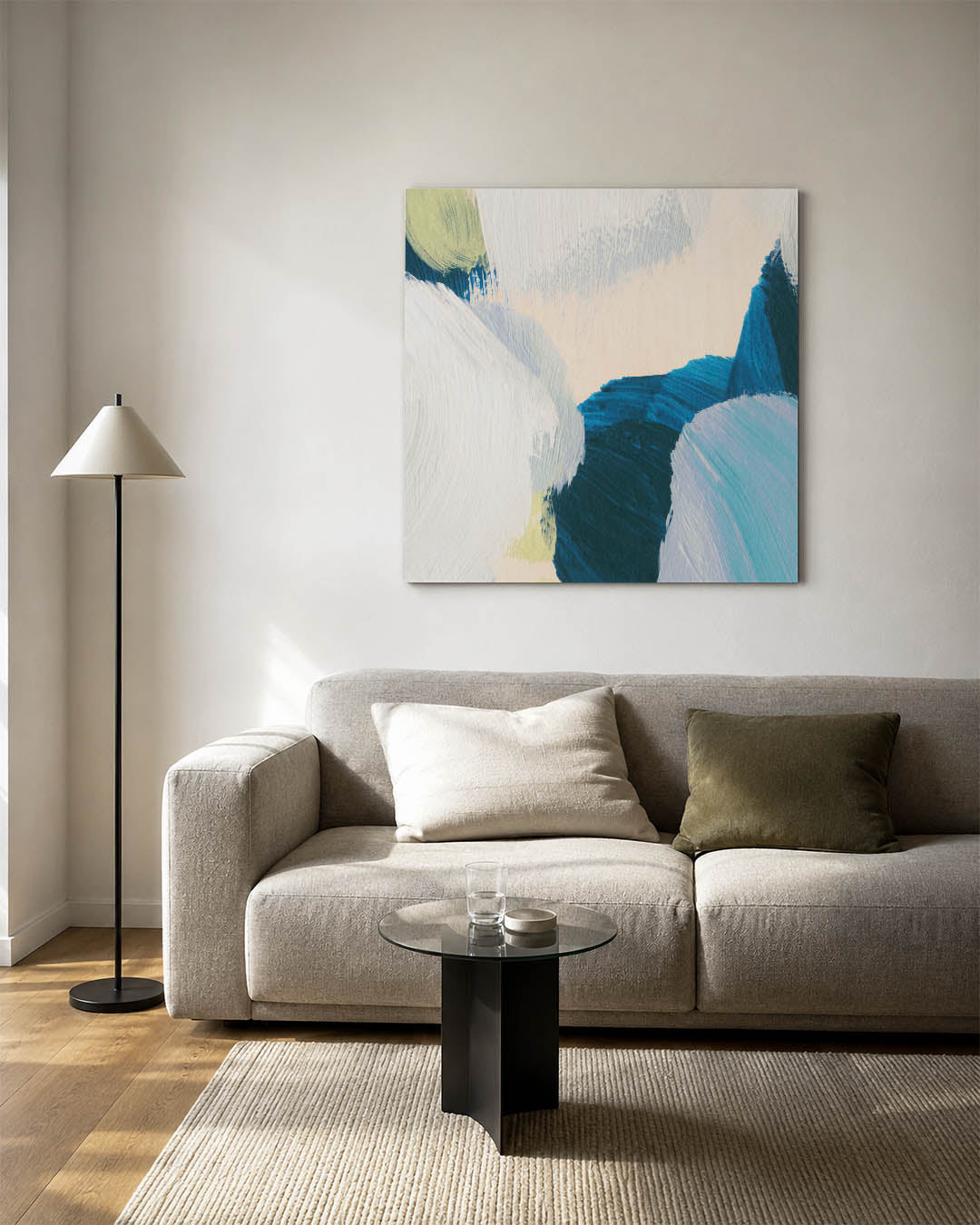 Dynamische kleurencompositie kunstwerk – detailweergave – dit kunstwerk toont een levendige mix van blauwe en groene tinten