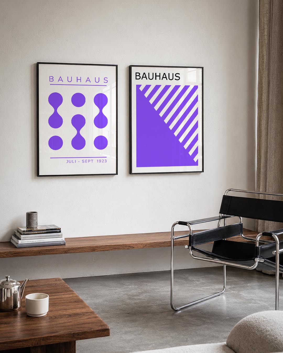 Vorm en balans Posterset-Bauhaus-geïnspireerde geometrische posters in een modern interieur