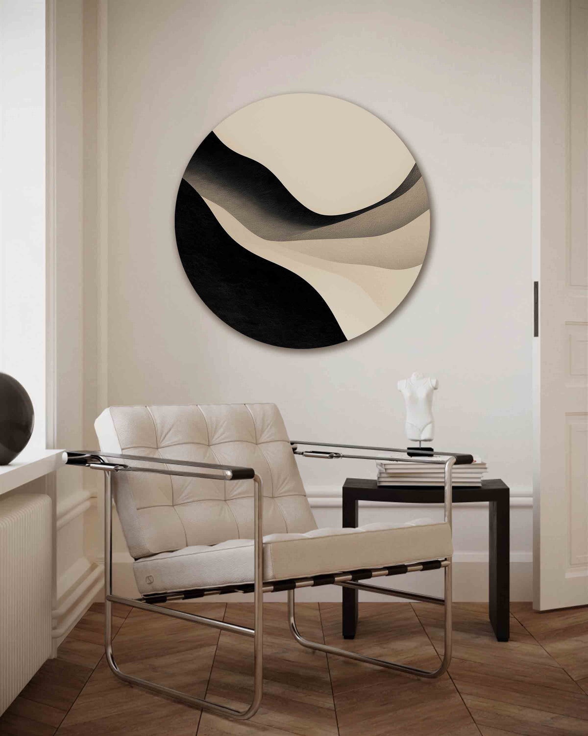 Golvende lijnen – abstracte muurcirkel als ronde wanddecoratie