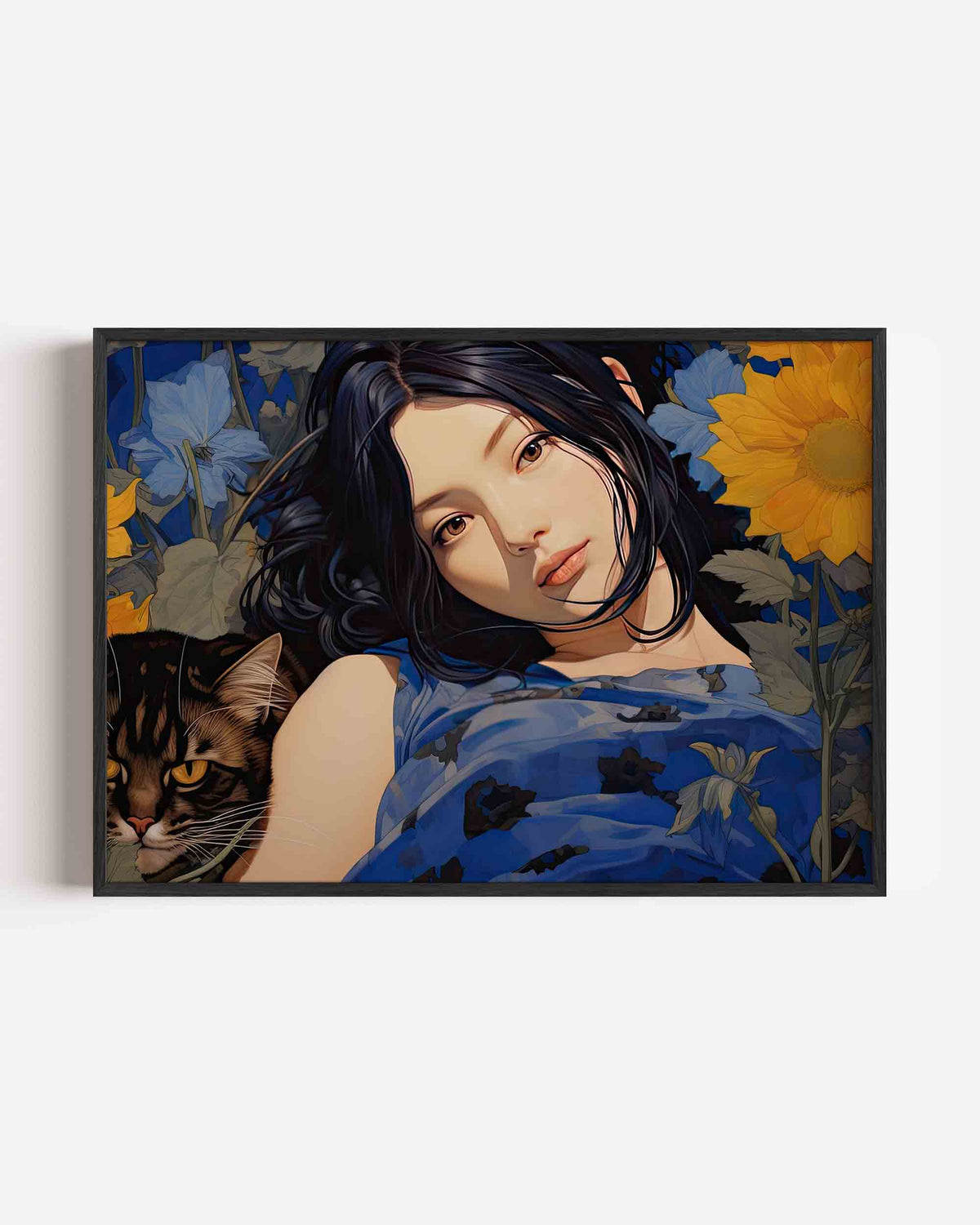 Vrouw en kat met bloemen – vrouwelijk portret als landscape poster