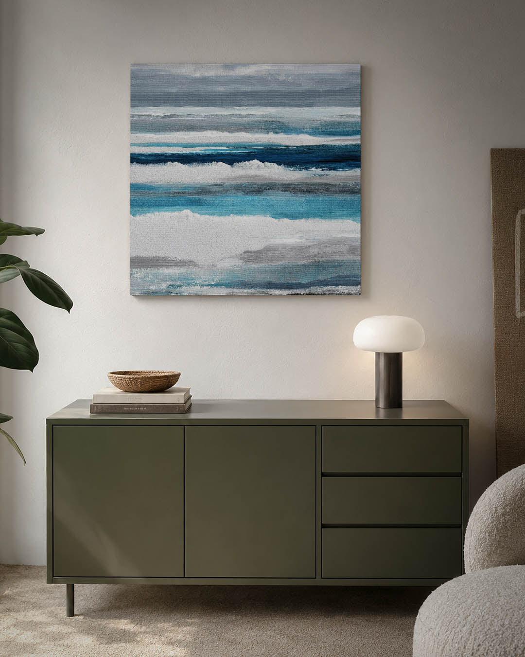 Horizontale kleurenlagen kunstwerk – detailweergave – dit werk toont horizontale lagen in verschillende tinten blauw en