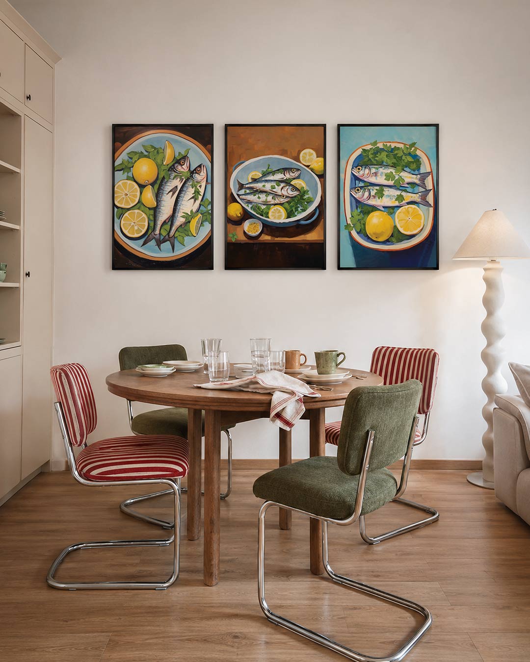 Citrus en vis driedelige posterset – een kleurrijk bord met twee vissen, omringd door heldergele