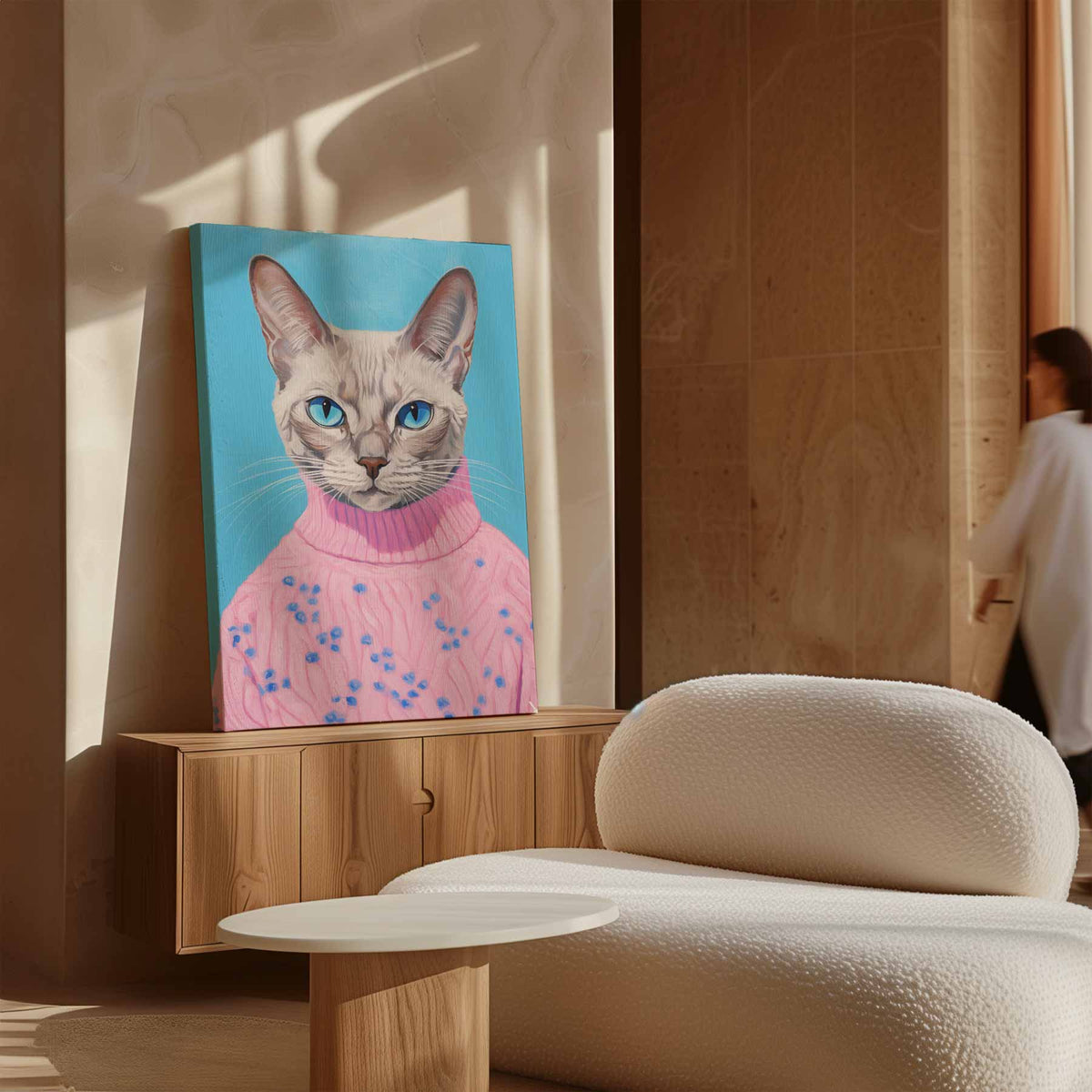 Kat in Roze Trui Portret – dibond kunstwerk als wanddecoratie