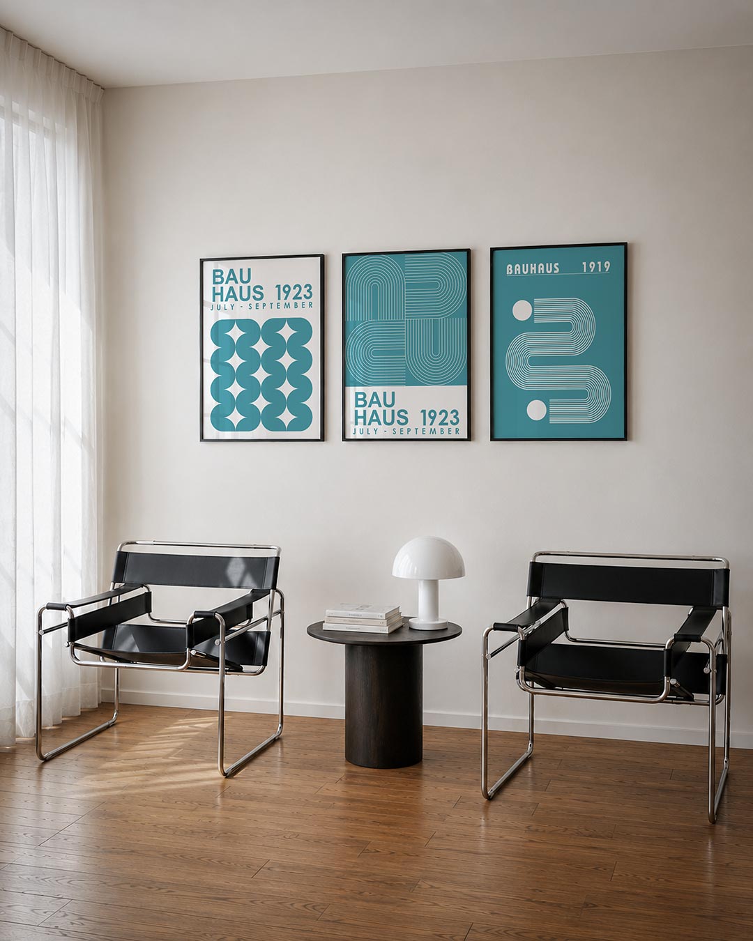 Vorm en ritme posterset – derde productweergave – deze posterset toont een speelse herhaling van blauwe halve cirkels en