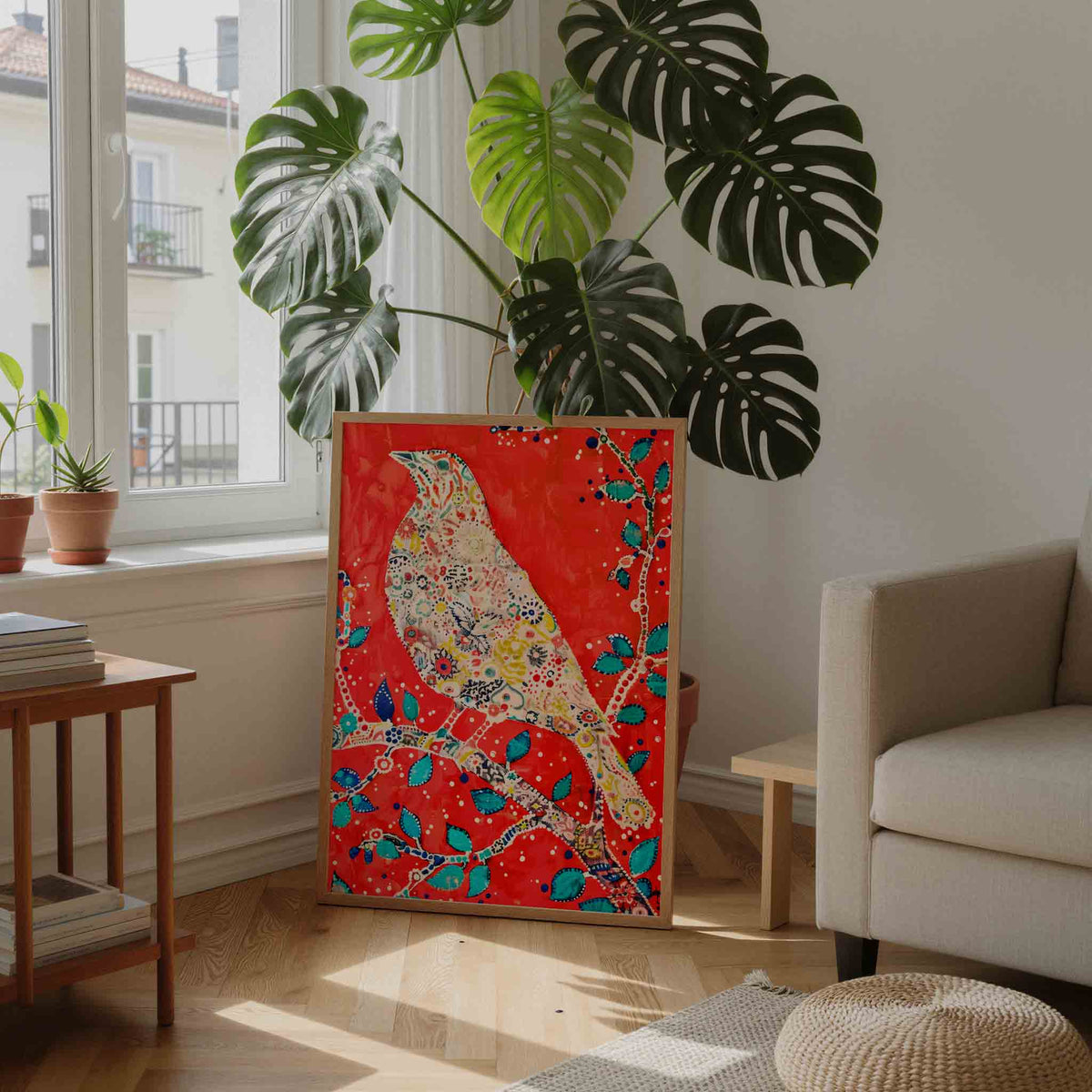 Vogel met bloemenpatroon – moderne wandkunst als portret poster