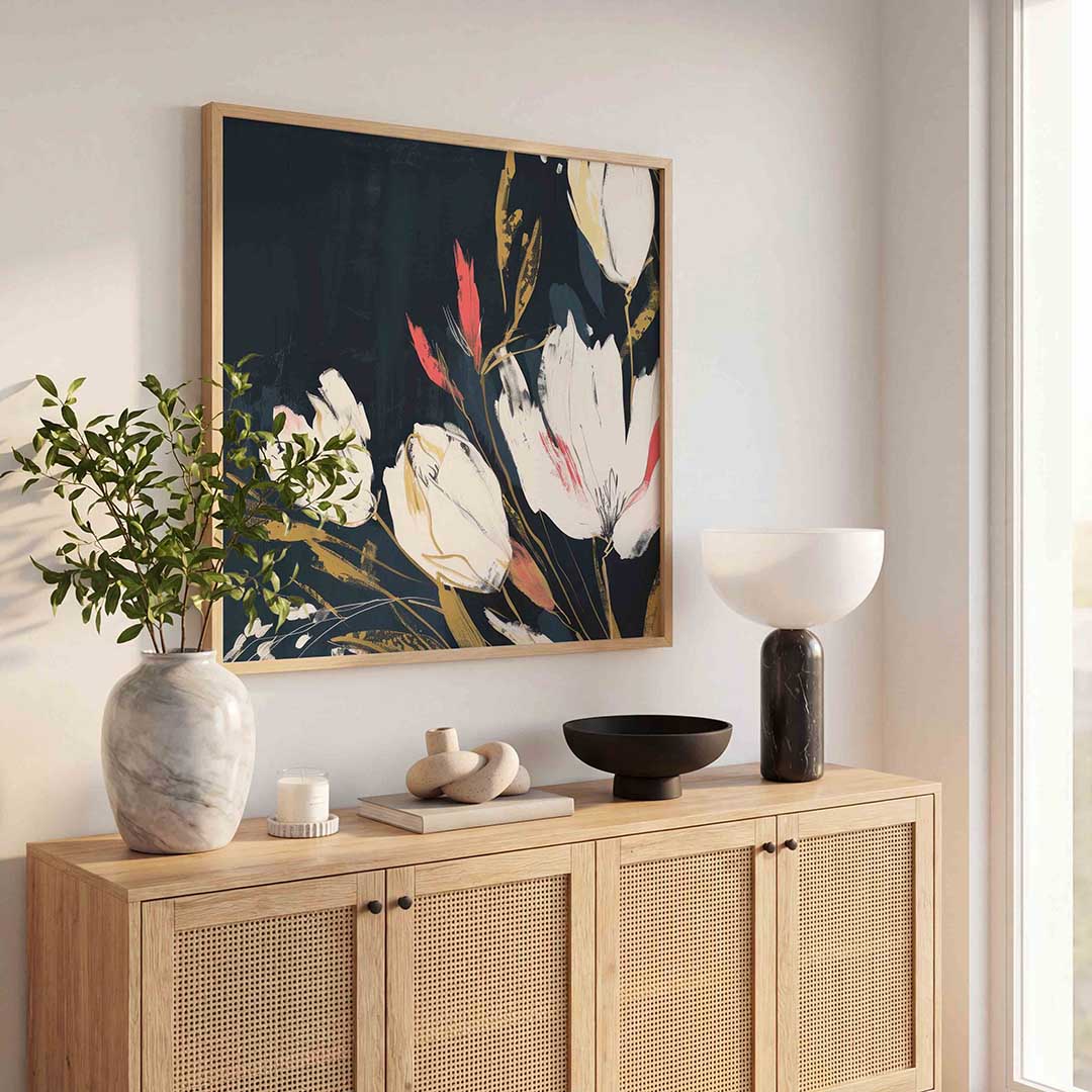 Witte bloemen op donkere achtergrond – illustratie poster in vierkant formaat