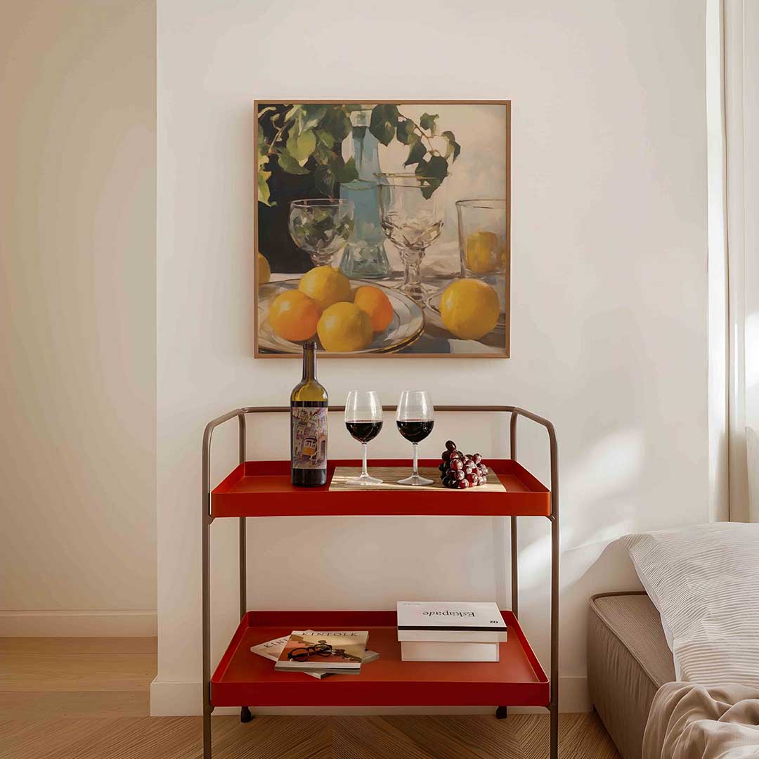 Citrus en glazen – vierkante keuken wanddecoratie van WallArtistic
