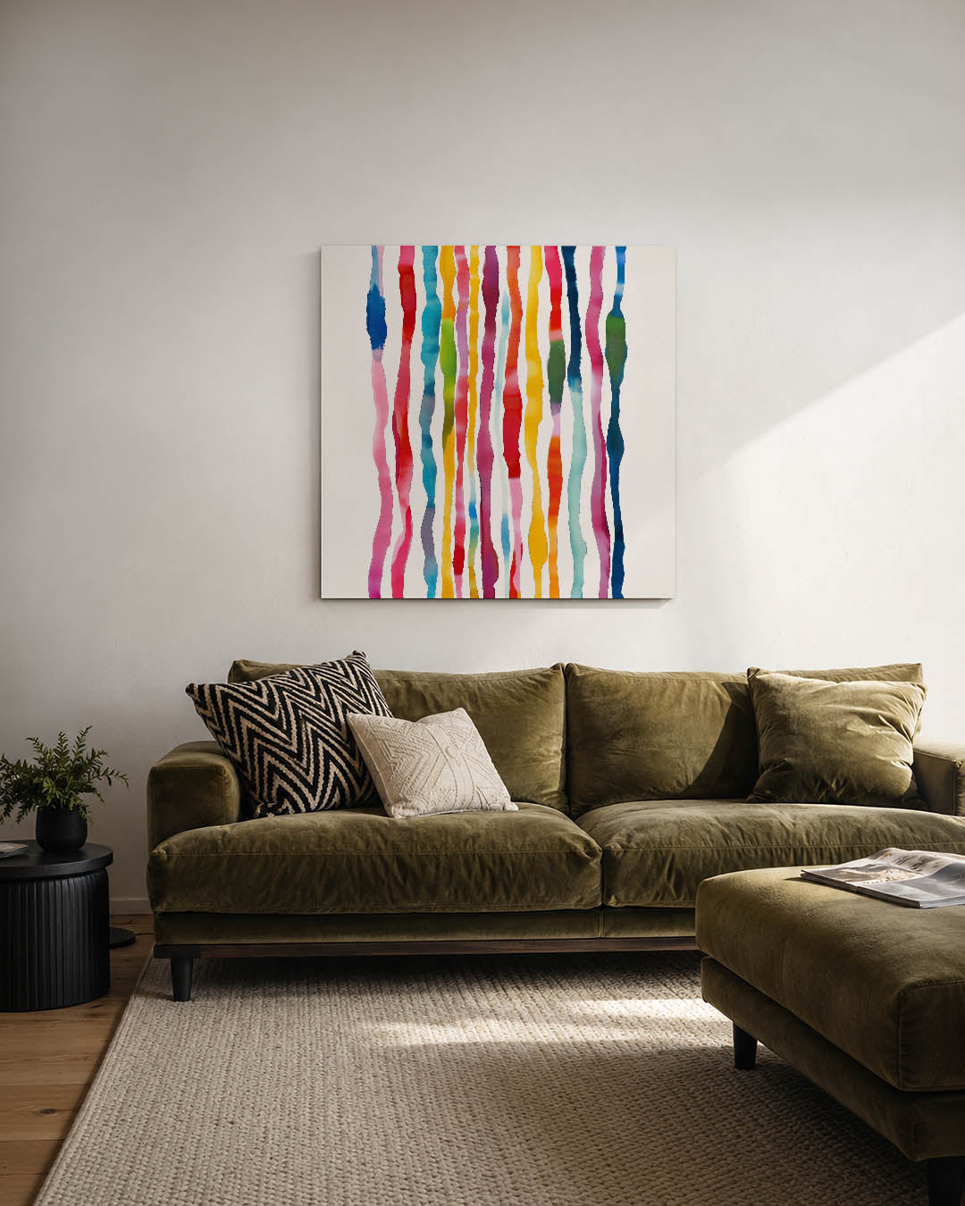 Kleurrijke lijnen kunstwerk – derde productweergave – dit werk toont golvende verticale lijnen in diverse kleuren, die een