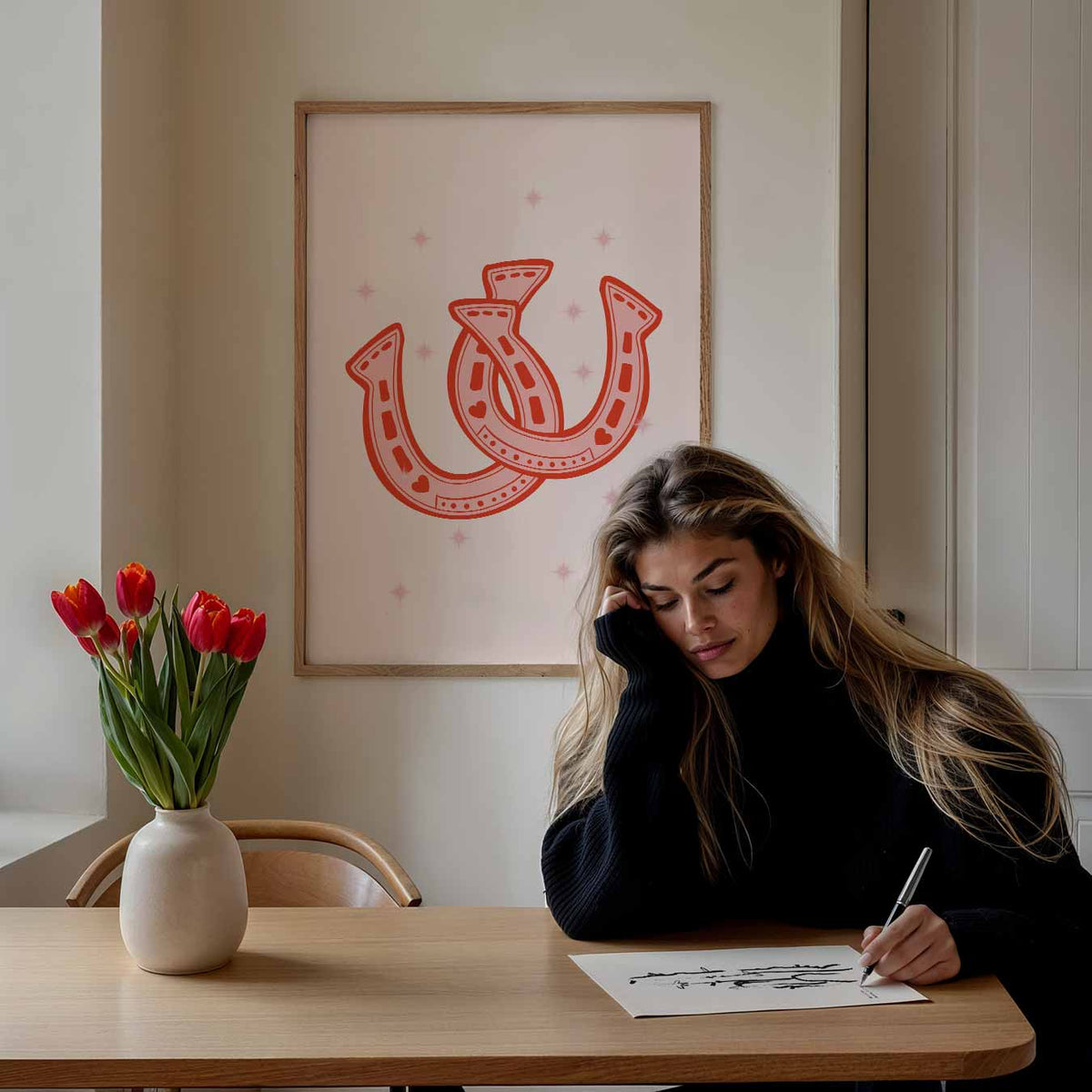 Stijlvolle Roze Hoefijzers – paasposter in staand formaat