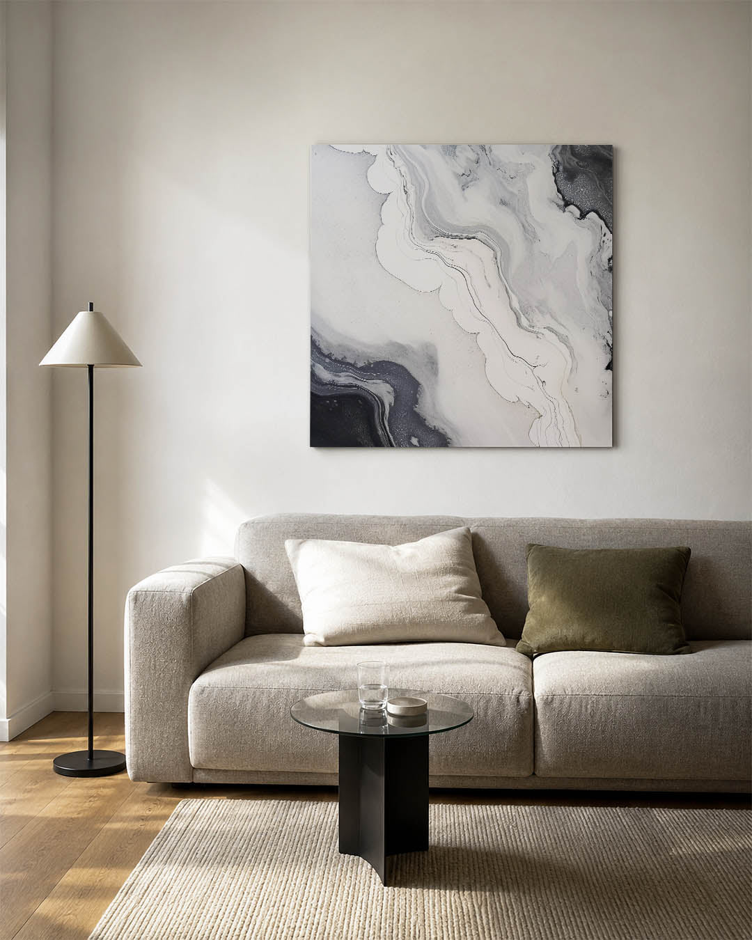 Golvende lijnen kunstwerk – vierkante wanddecoratie – dit werk toont vloeiende lijnen en zachte overgangen tussen zwart, wit