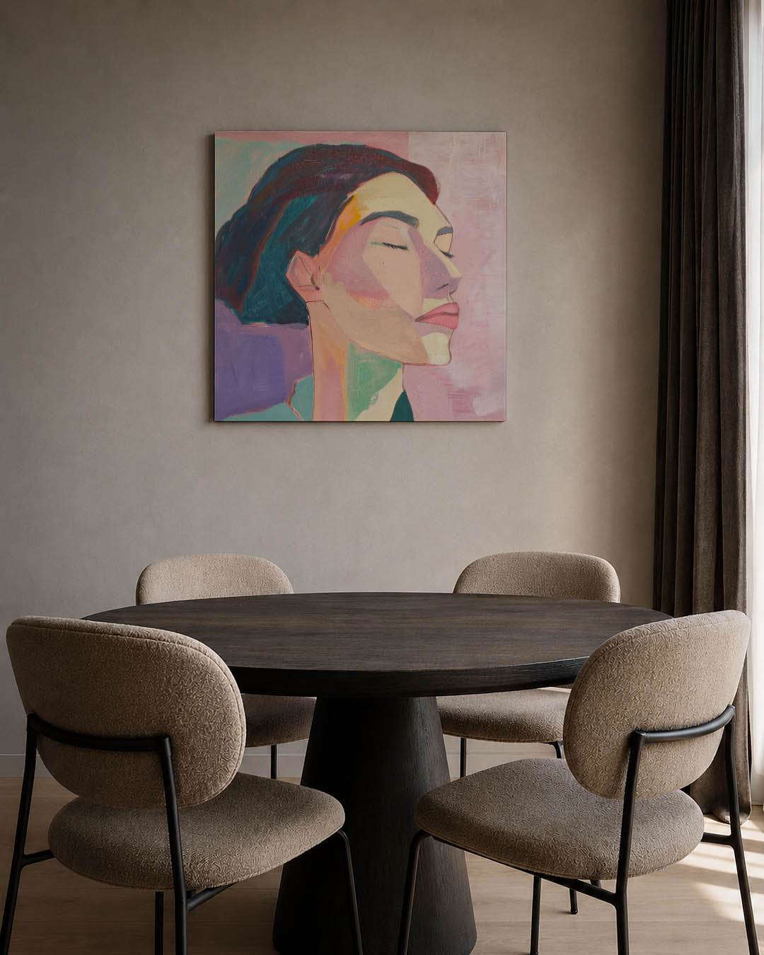 Dromerige portretkleuren kunstwerk – tweede productweergave – dit kunstwerk toont een serene gezichtsuitdrukking met