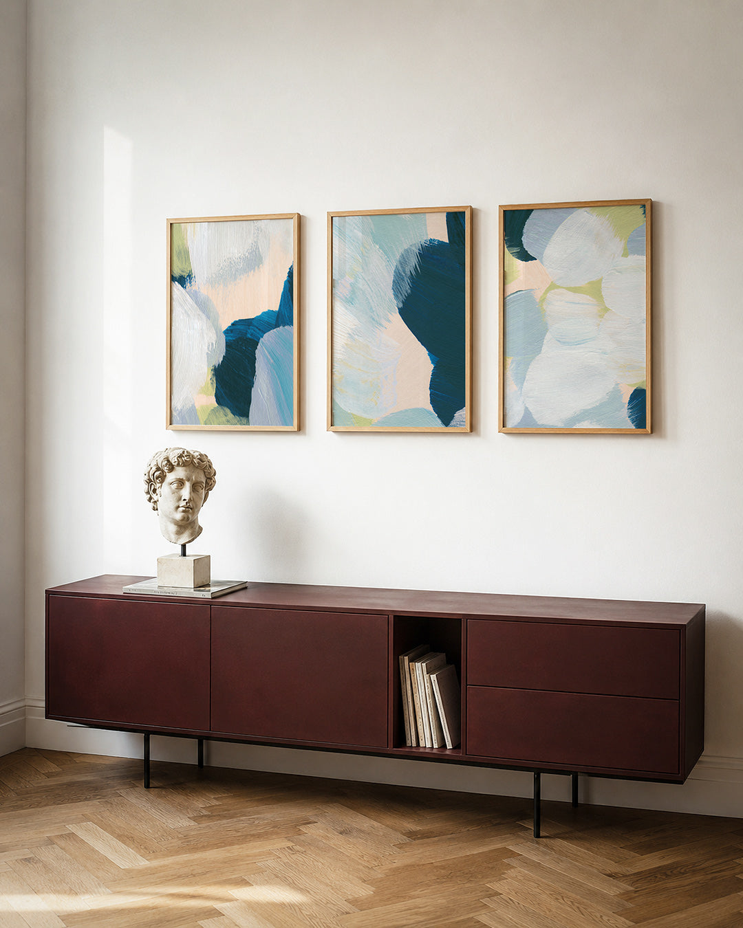 Kleurvlakken harmonie posterset – tweede productweergave – deze posterset in drie delen toont zachte penseelstreken in