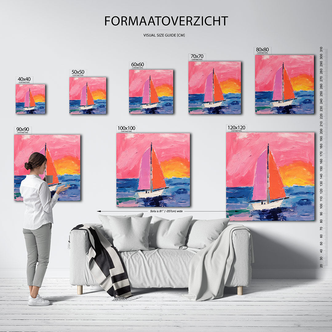 Vrolijk zeilboottafereel kunstwerk – sfeerbeeld – dit kunstwerk toont een zeilboot op een kleurrijke zee met een levendige