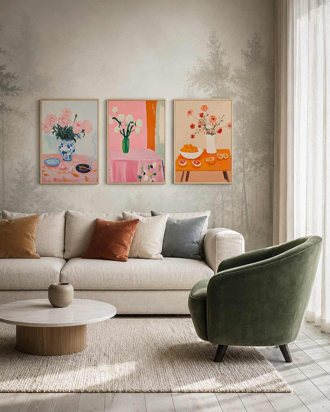 Bloemen en rook driedelige posterset – een vaas met roze bloemen op een tafel met een roze kleed