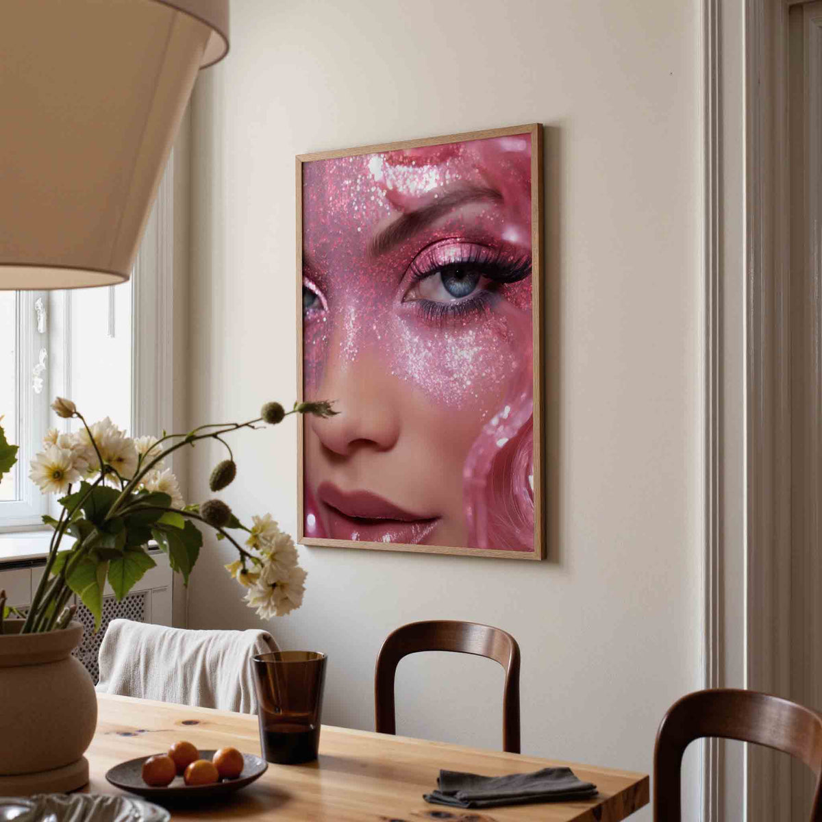 Glinsterende roze gezicht – kunst en design poster in portret formaat