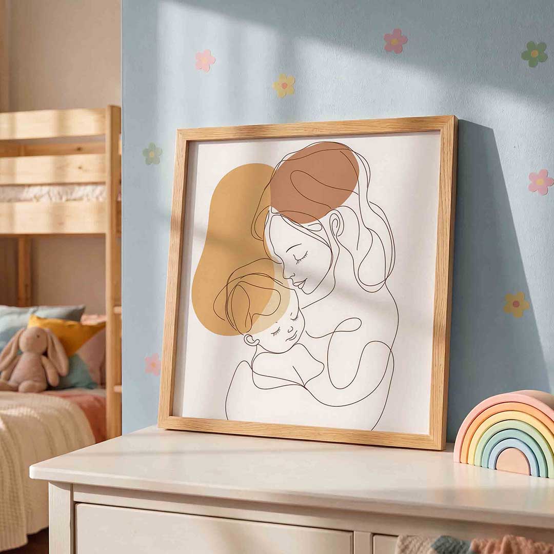 Moeder en kind – speelse wandkunst als vierkante kinderposter