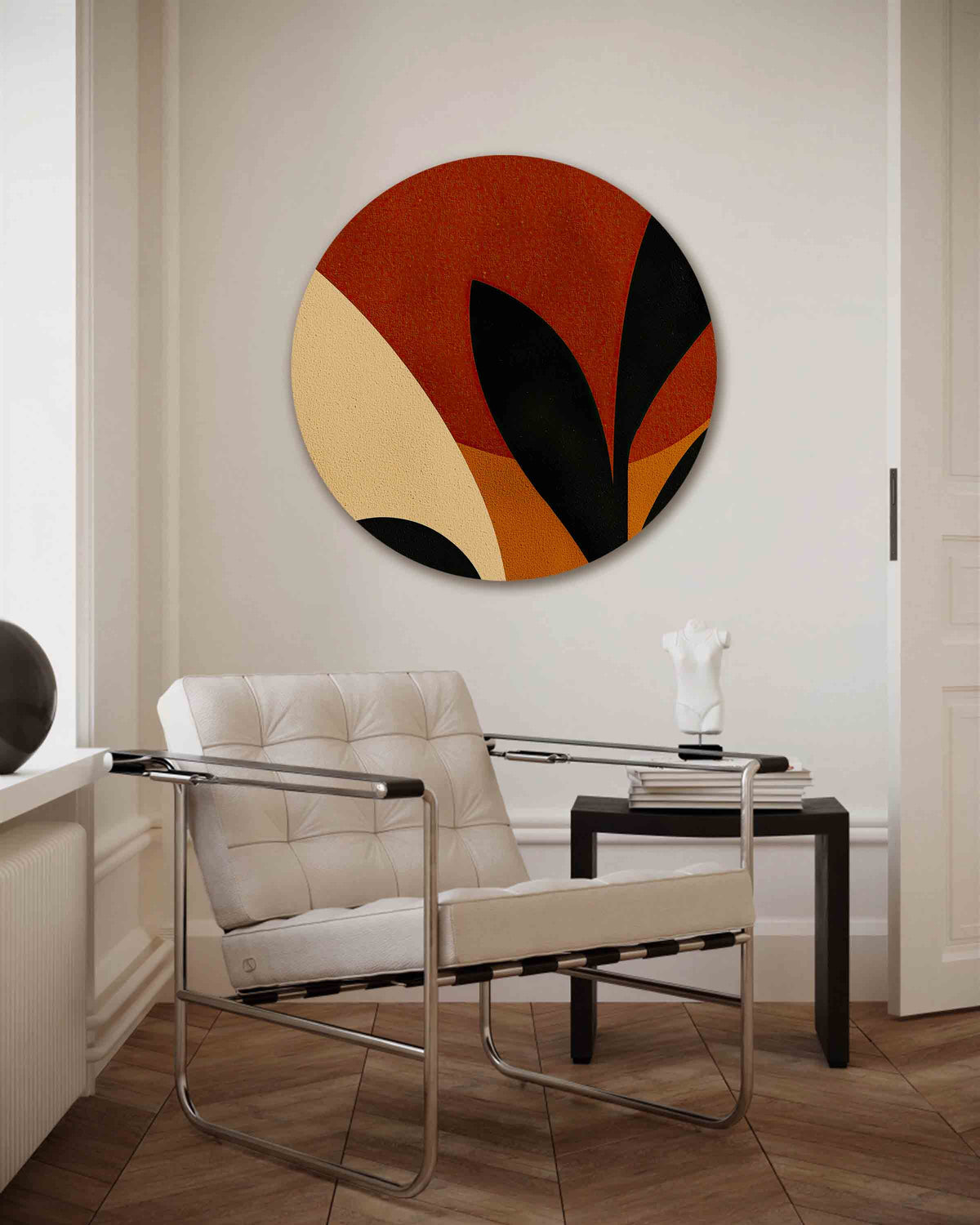 Abstracte vormen – vrouwelijk portret muurcirkel als wanddecoratie