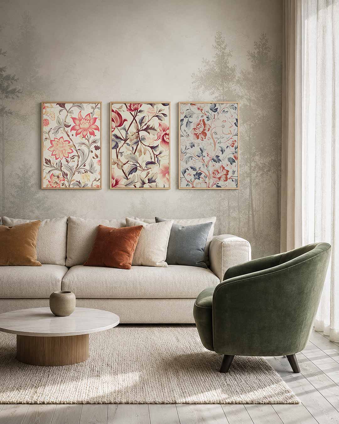 Bloemrijke vormen – deze posterset in drie delen toont sierlijke bloemen in zachte tinten