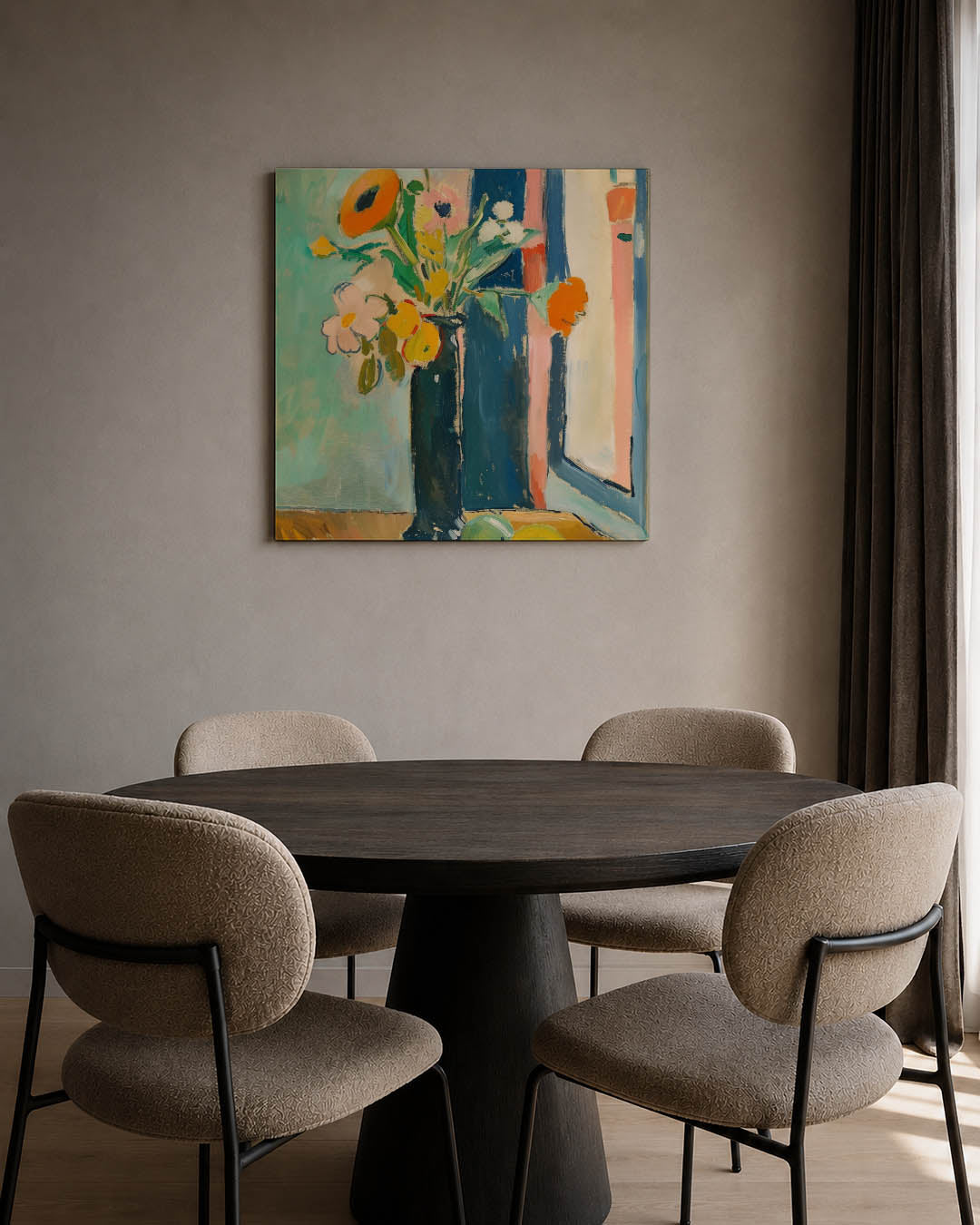 Bloemrijke compositie kunstwerk – tweede productweergave – dit werk toont een vaas met kleurrijke bloemen tegen een levendige