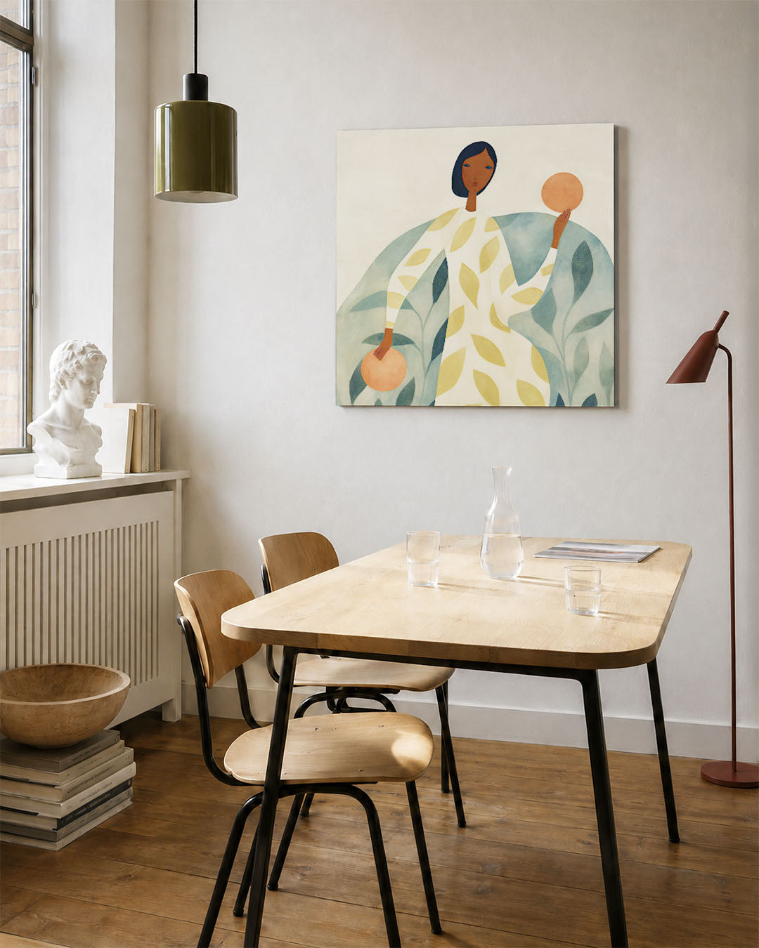 Vrouw met cirkels kunstwerk – vierkante wanddecoratie – dit werk toont een figuur met vloeiende lijnen en zachte kleuren. De