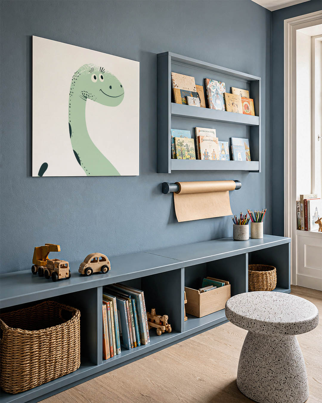 Vrolijke dinosaurus illustratie kunstwerk – detailweergave – dit kunstwerk toont een lachende dinosaurus met een lange nek en