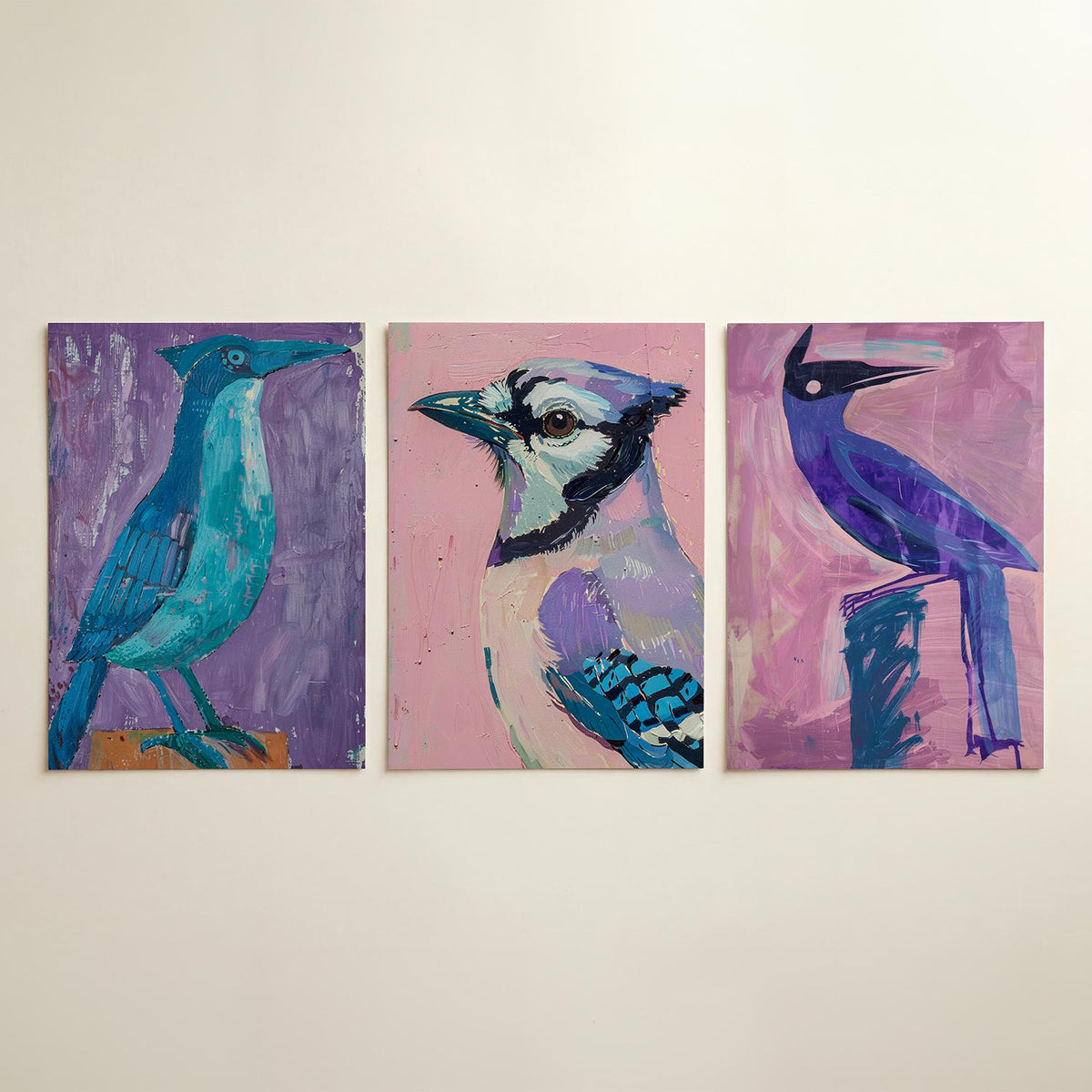 Vogel in kleur posterset – detailweergave – een speelse vogel in blauw- en groentinten tegen een paarse