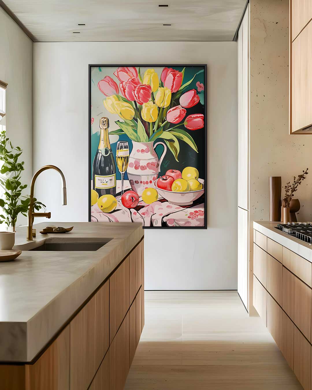 Tulpen en Champagne Stilleven – staand kunstwerk voor modern interieur