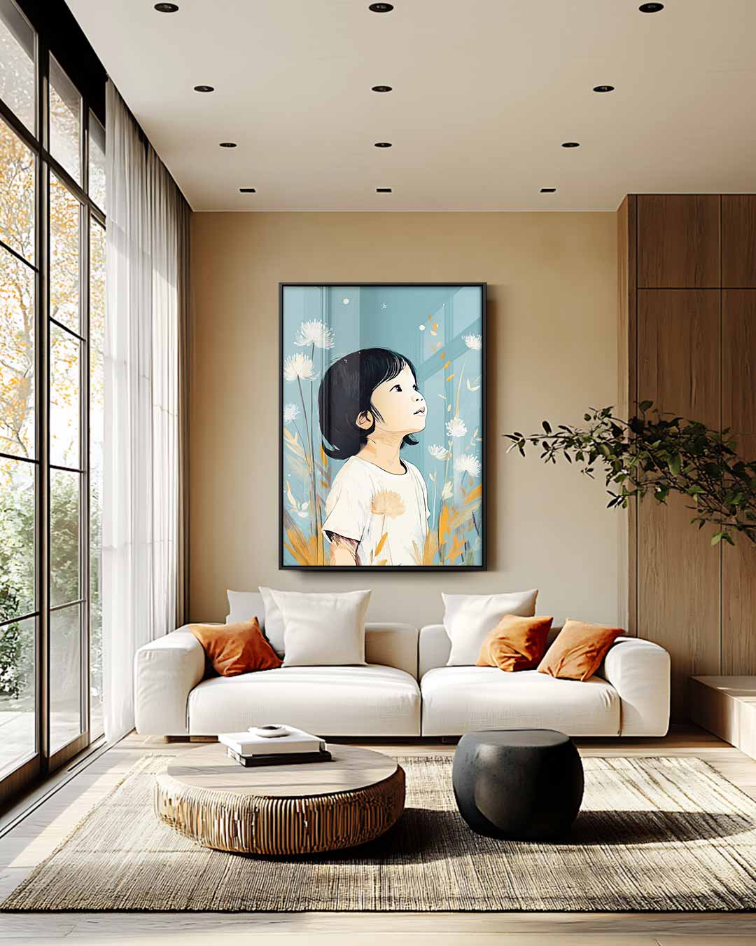 Dromerig Kind in Bloeiende Natuur – staand kunstwerk voor modern interieur