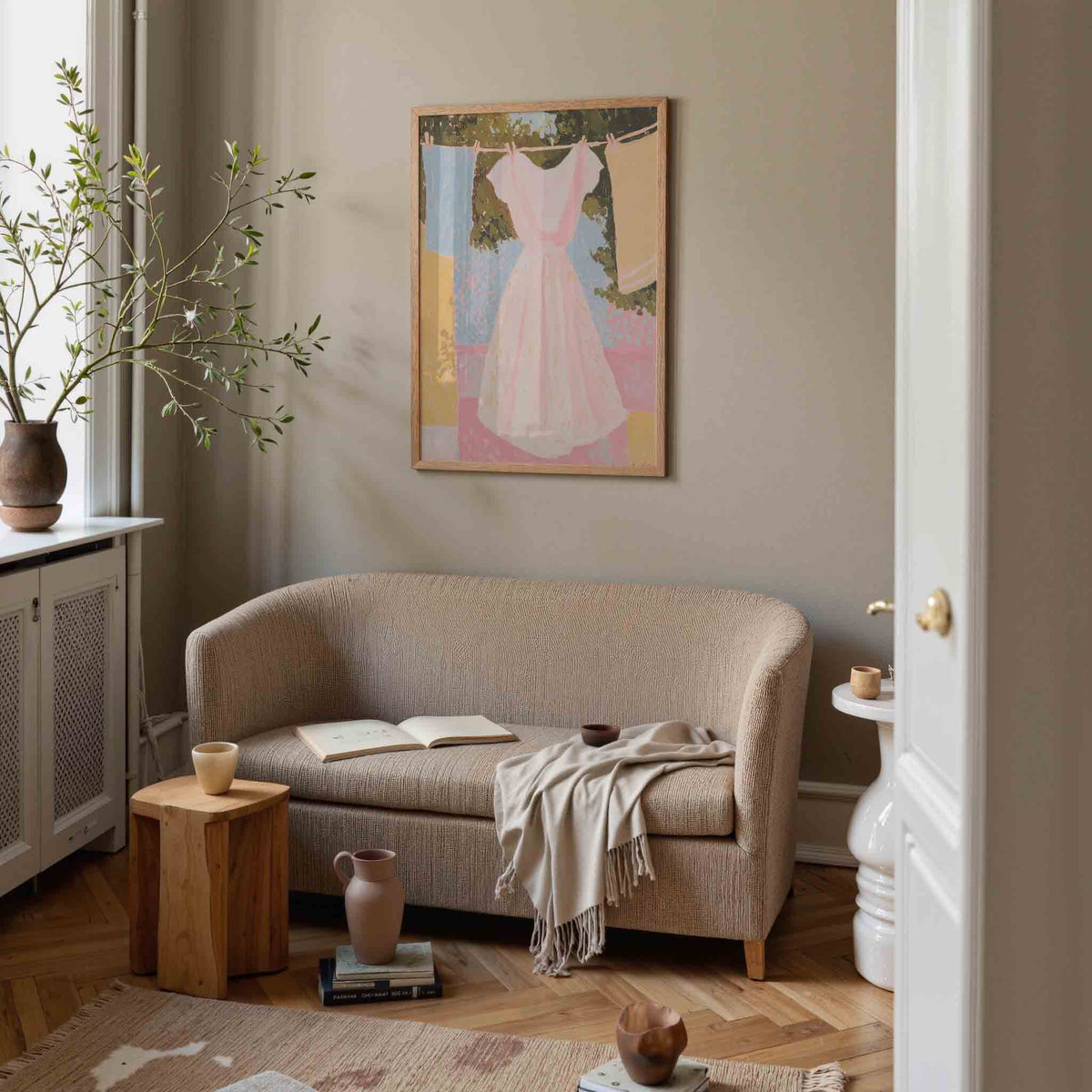 Witte jurk aan waslijn – pastel poster in staand formaat