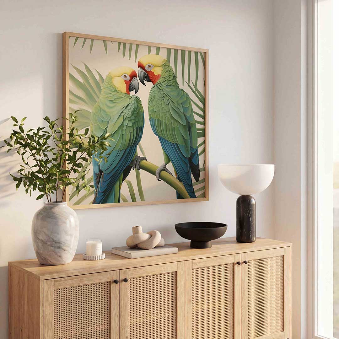 Twee papegaaien – tropische poster in vierkant formaat