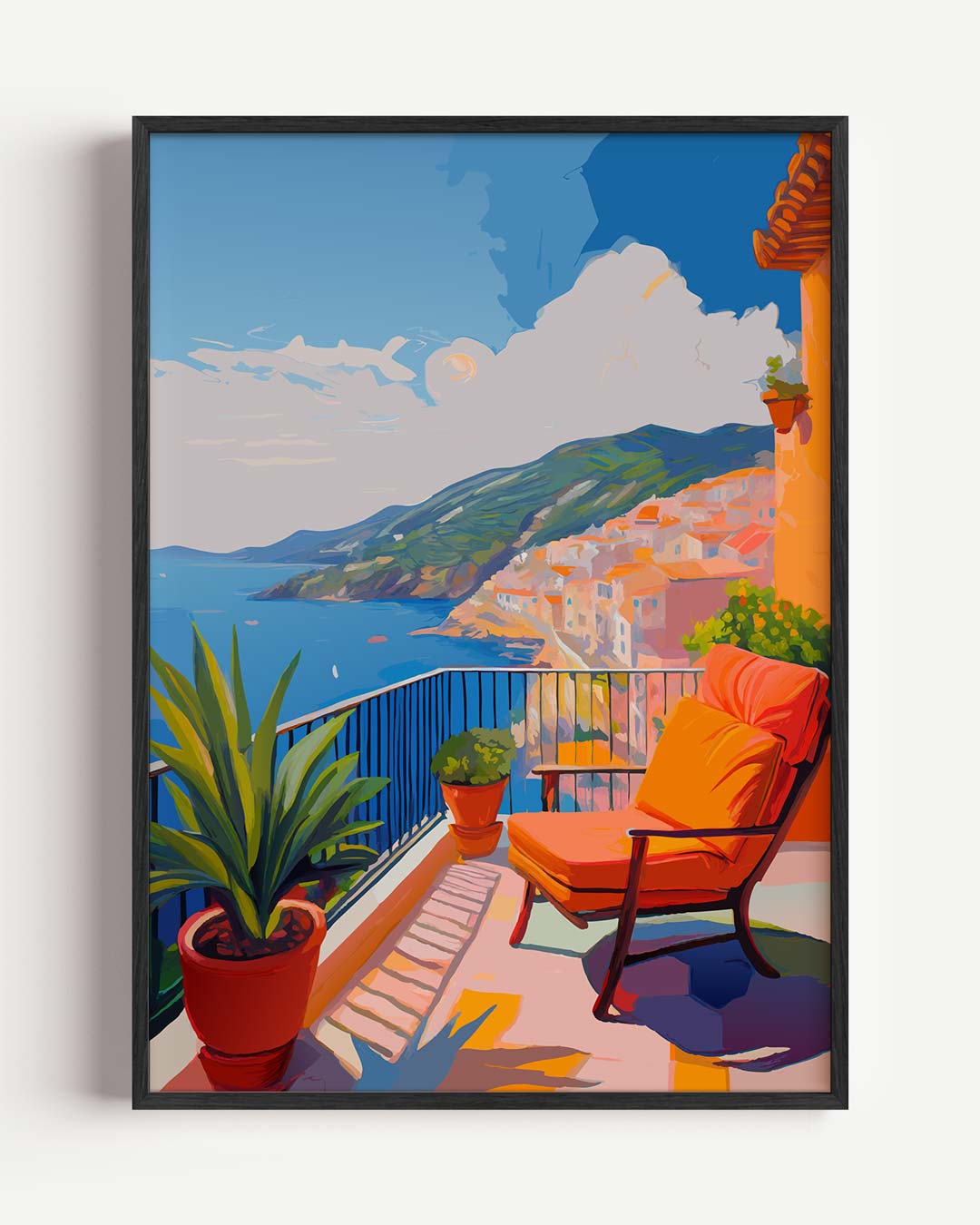 Droomuitzicht vanaf een Zonovergoten Balkon – zomer portret poster als wanddecoratie