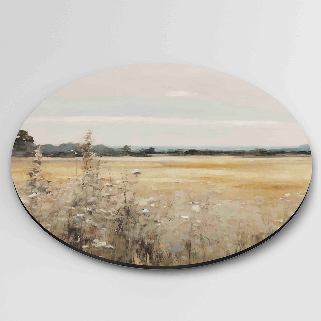 Landschap met veld – ronde wanddecoratie met abstract ontwerp
