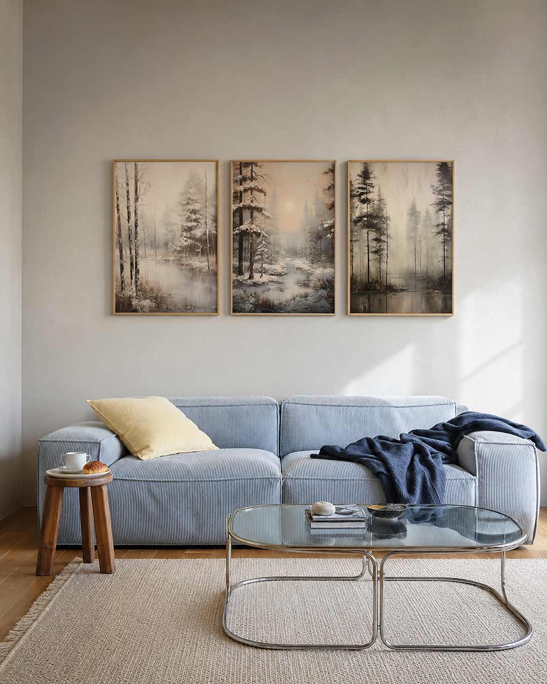 Natuurlijke sereniteit posterset – tweede productweergave – deze posterset in drie delen toont een kalm winterlandschap