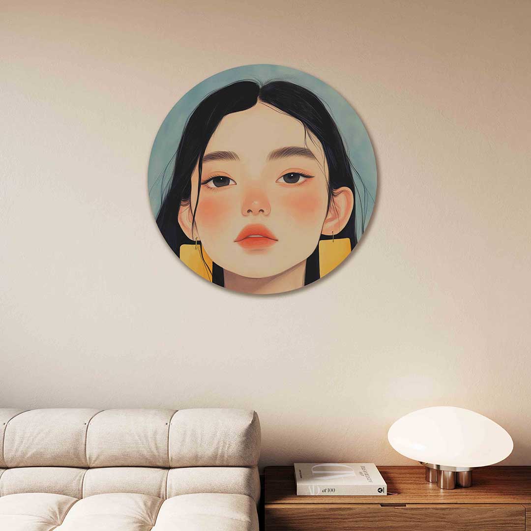 Portret met gele oorbellen – moderne abstracte muurcirkel voor aan de muur